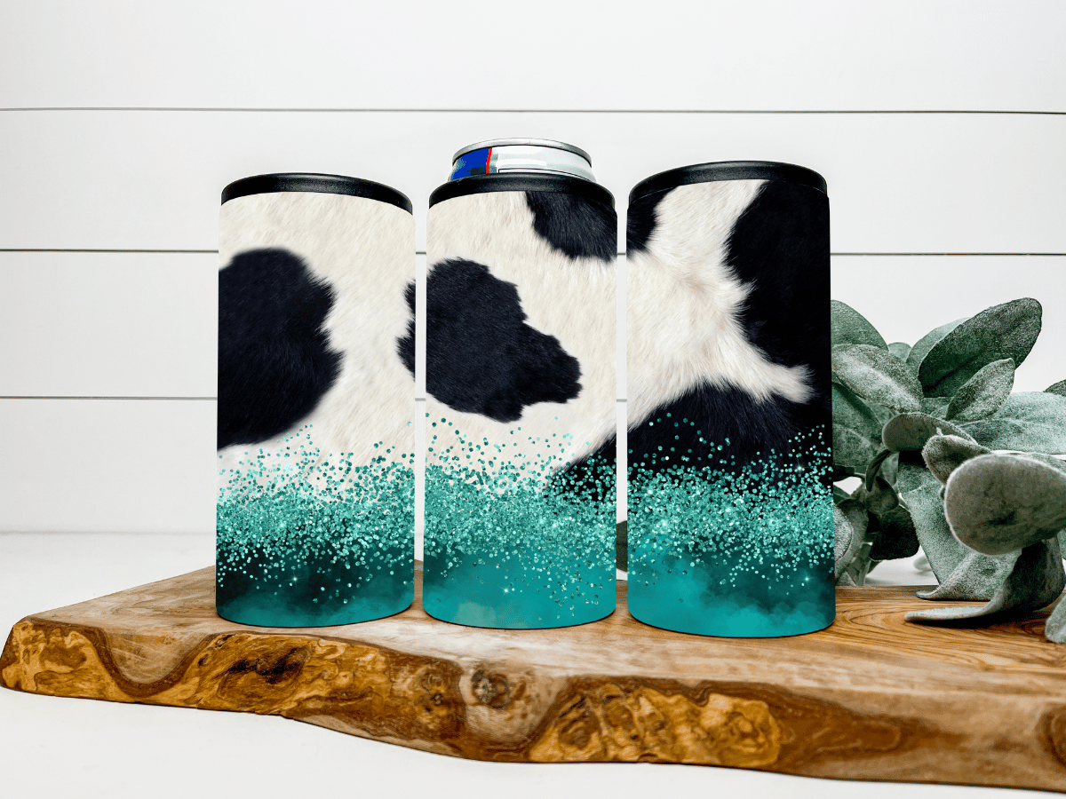 Teal Glitter Cow Can Cooler