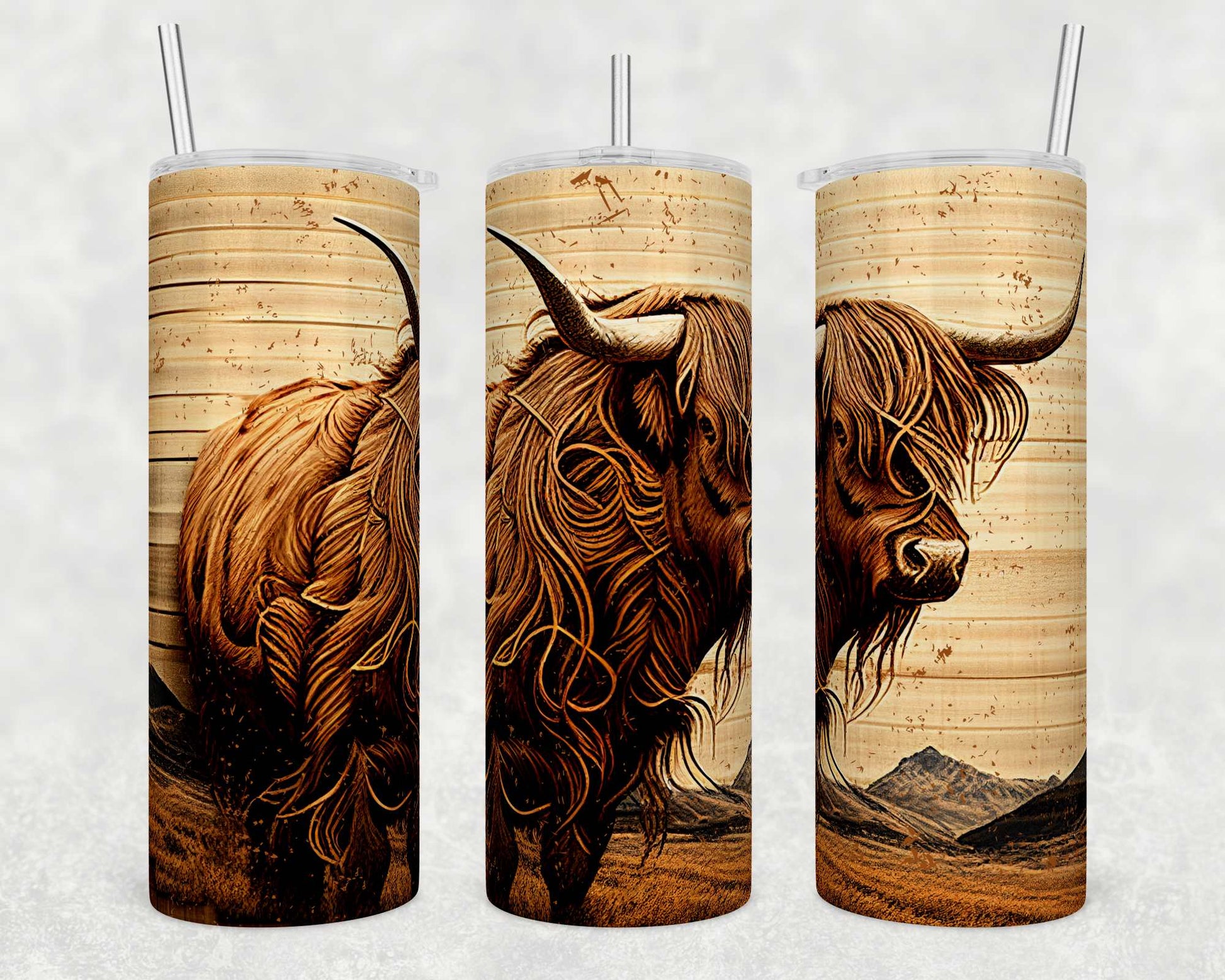 Woodgrain Rustic Highland Cow 20oz Tumbler